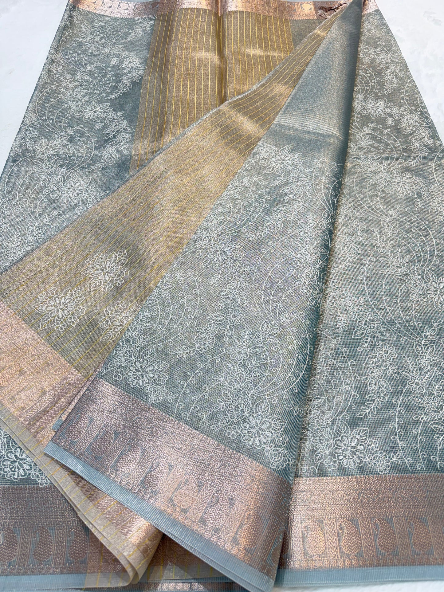 Sea green shade tissue kota designer embroidery premium Banarasi saree