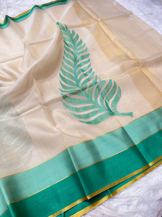 Off White Sea green parrot green shade tissue kota appliqué work Banarasi saree