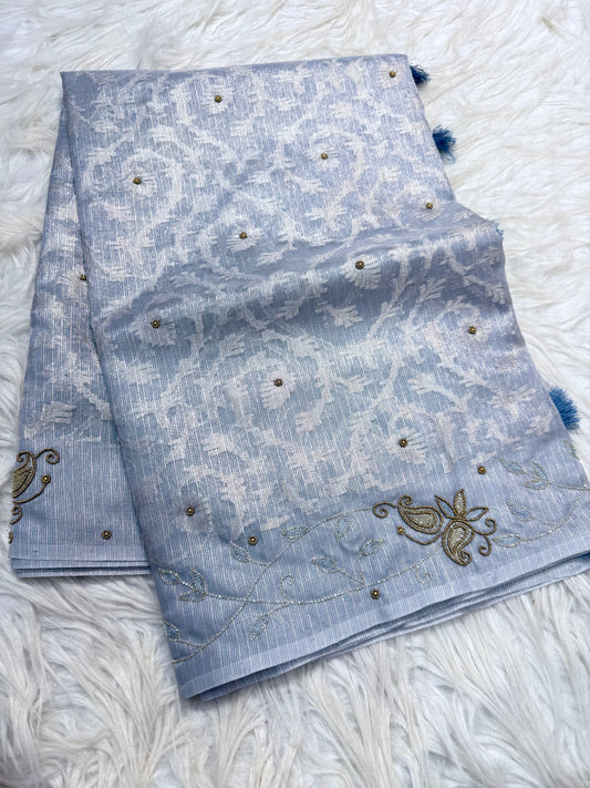 Blue shade tissue kota zardosi work premium Banarasi saree