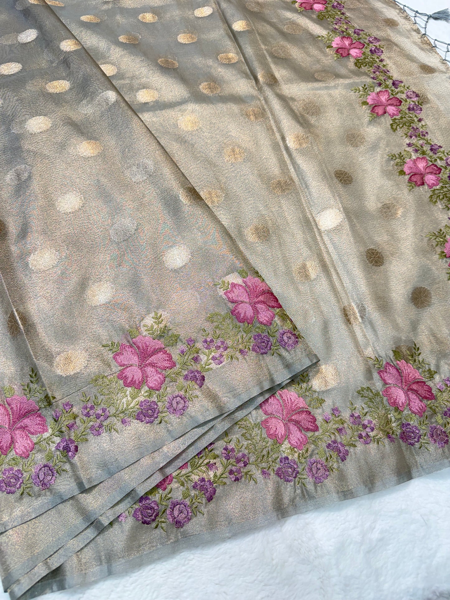 Grey tissue cutwork embroidery premium designer Banarasi saree
