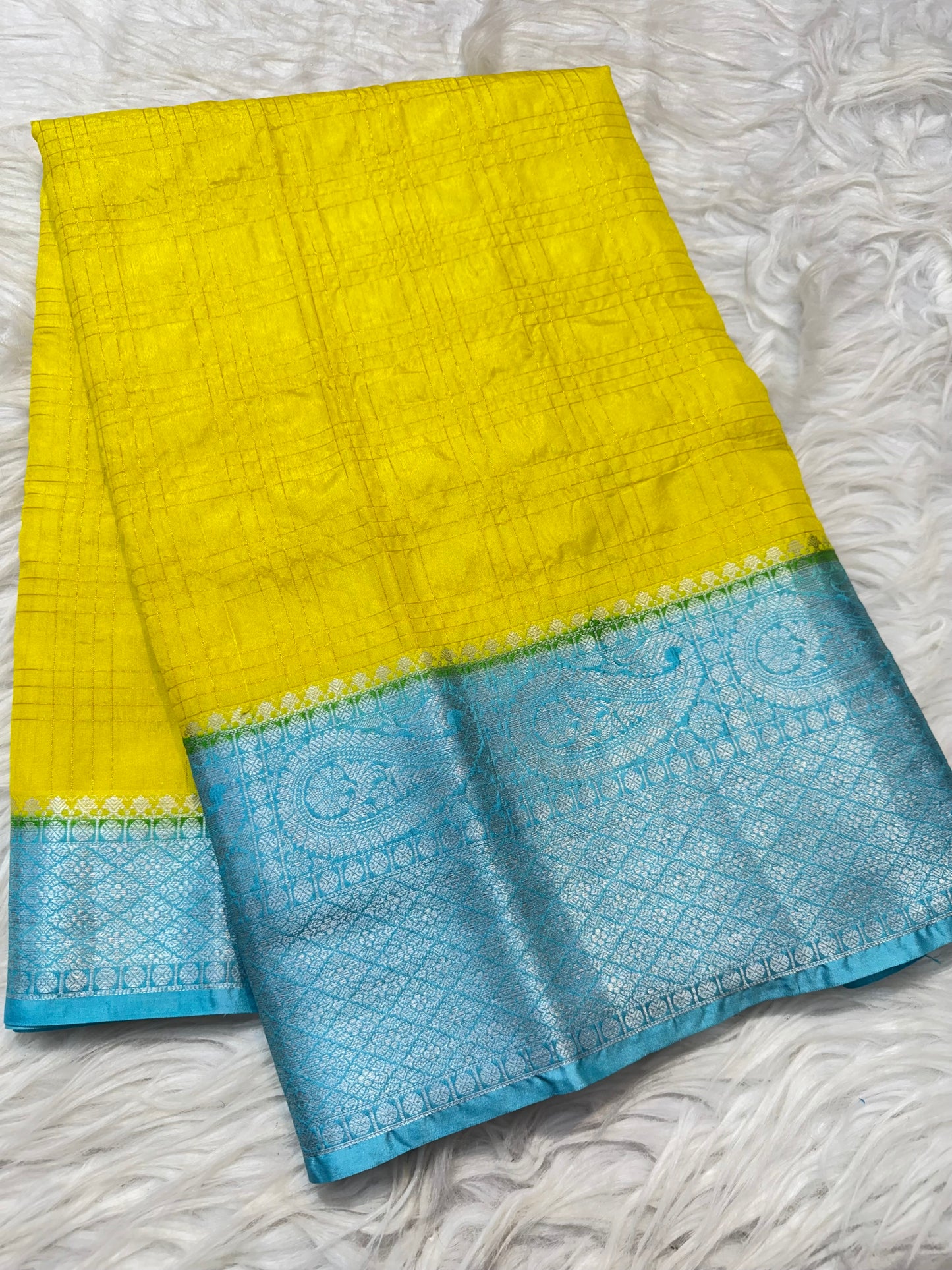 Yellow & sea green shade  Dupion Silk premium Banarasi Saree