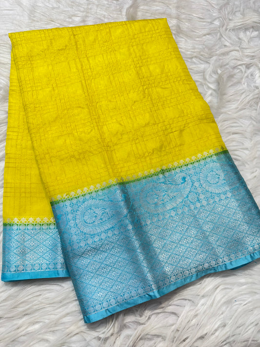 Yellow & sea green shade  Dupion Silk premium Banarasi Saree