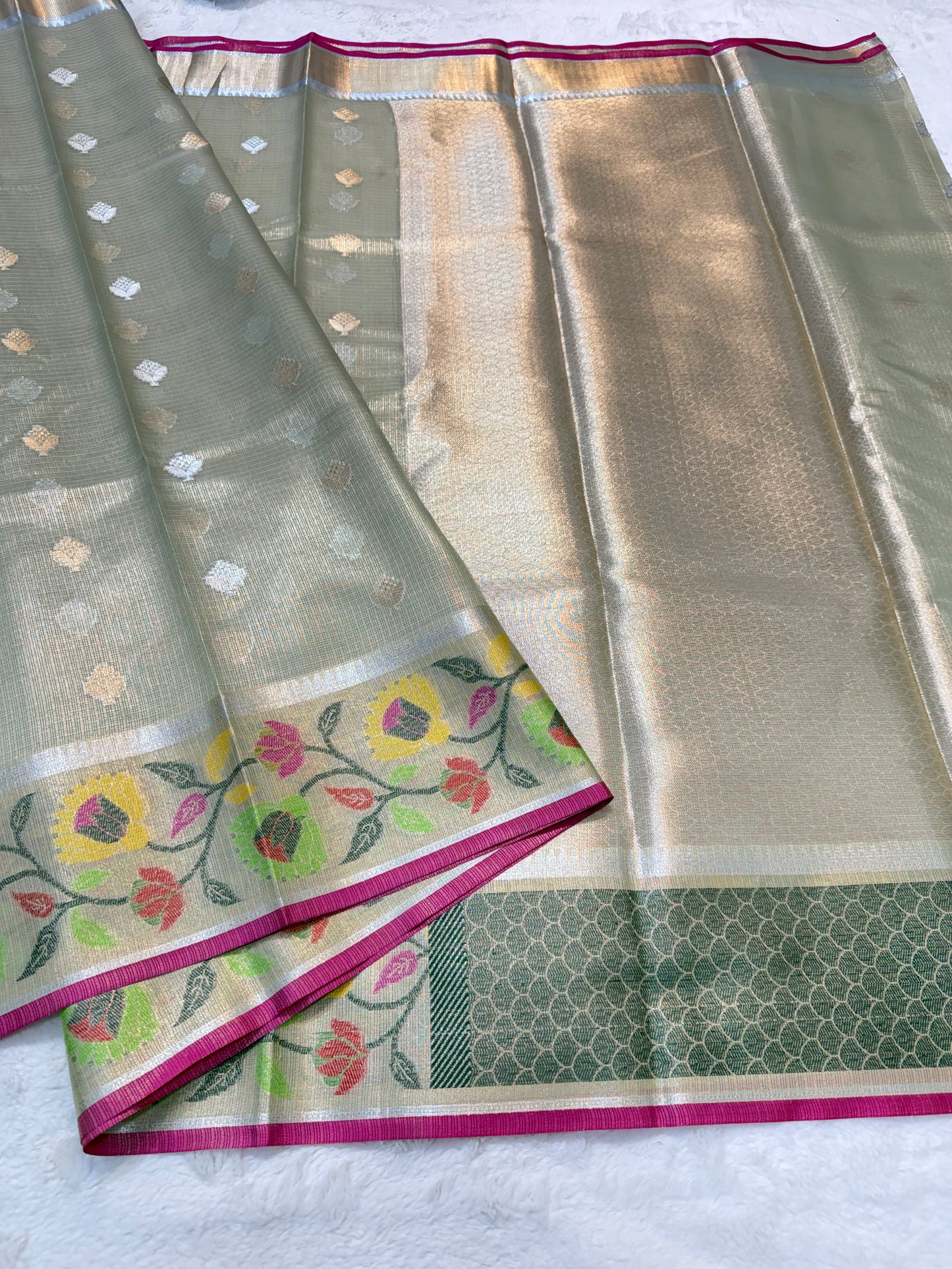 Pista green & multicolour shade tissue kota premium paithani border designer banarasi saree
