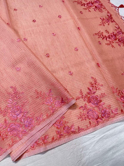 Peach shade kota designer embroidery premium Banarasi saree