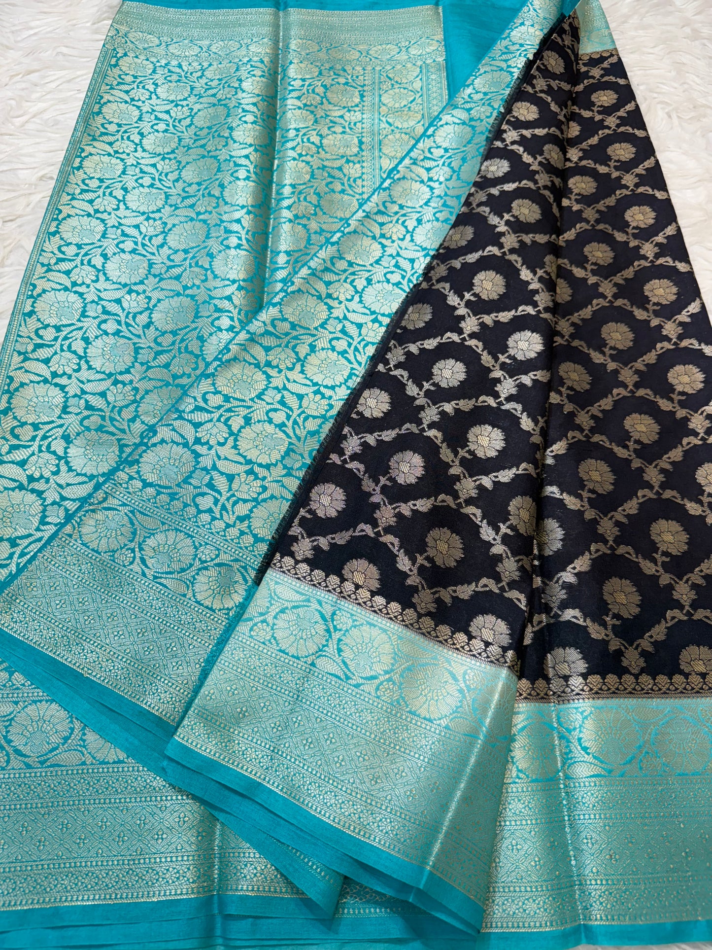 Black Sea green shade  Dupion Silk premium Banarasi Saree