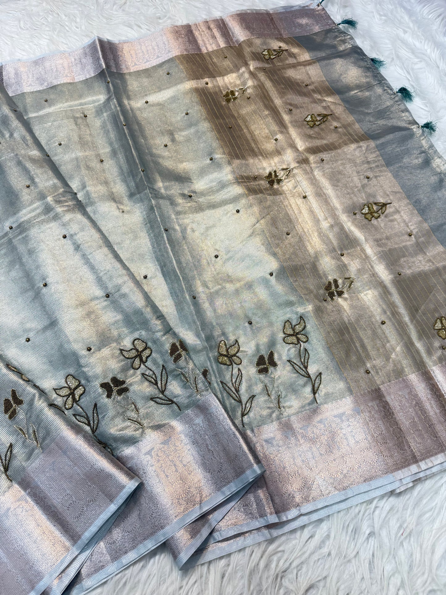 Silver shade tissue kota designer handwork premium Banarasi saree