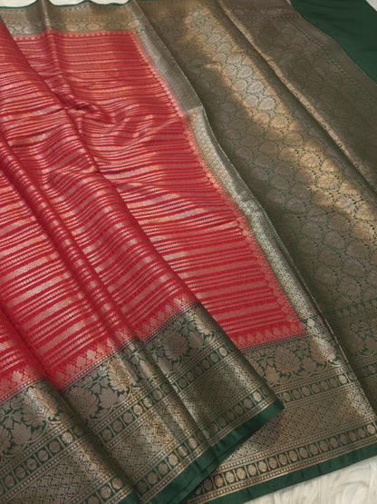Red & bottle green shade  Dupion Silk premium Banarasi Saree