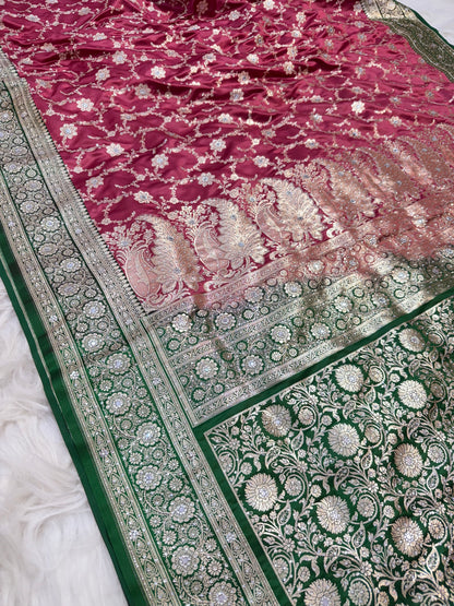 Royal pink & bottle green shade Bridal Satan katan ari & stone work Banarasi silk Saree