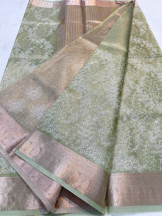 Pista green shade tissue kota designer embroidery premium Banarasi saree