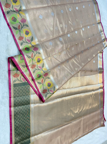 Beige & multicolour shade tissue kota premium paithani border designer banarasi saree