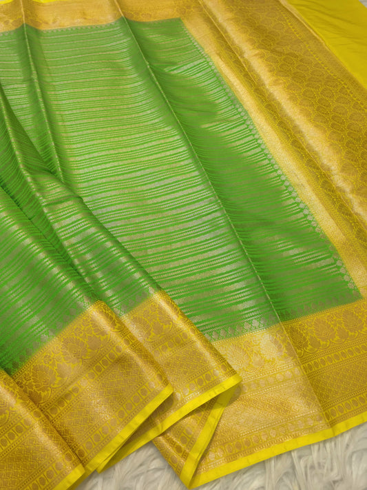 green yellow  shade  Dupion Silk premium Banarasi Saree
