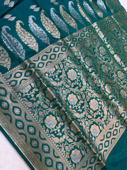 Bottle green shade katan Banarasi silk Saree