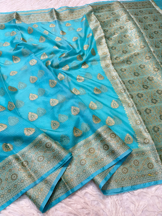 Firozi shade kota silk premium Banarasi saree