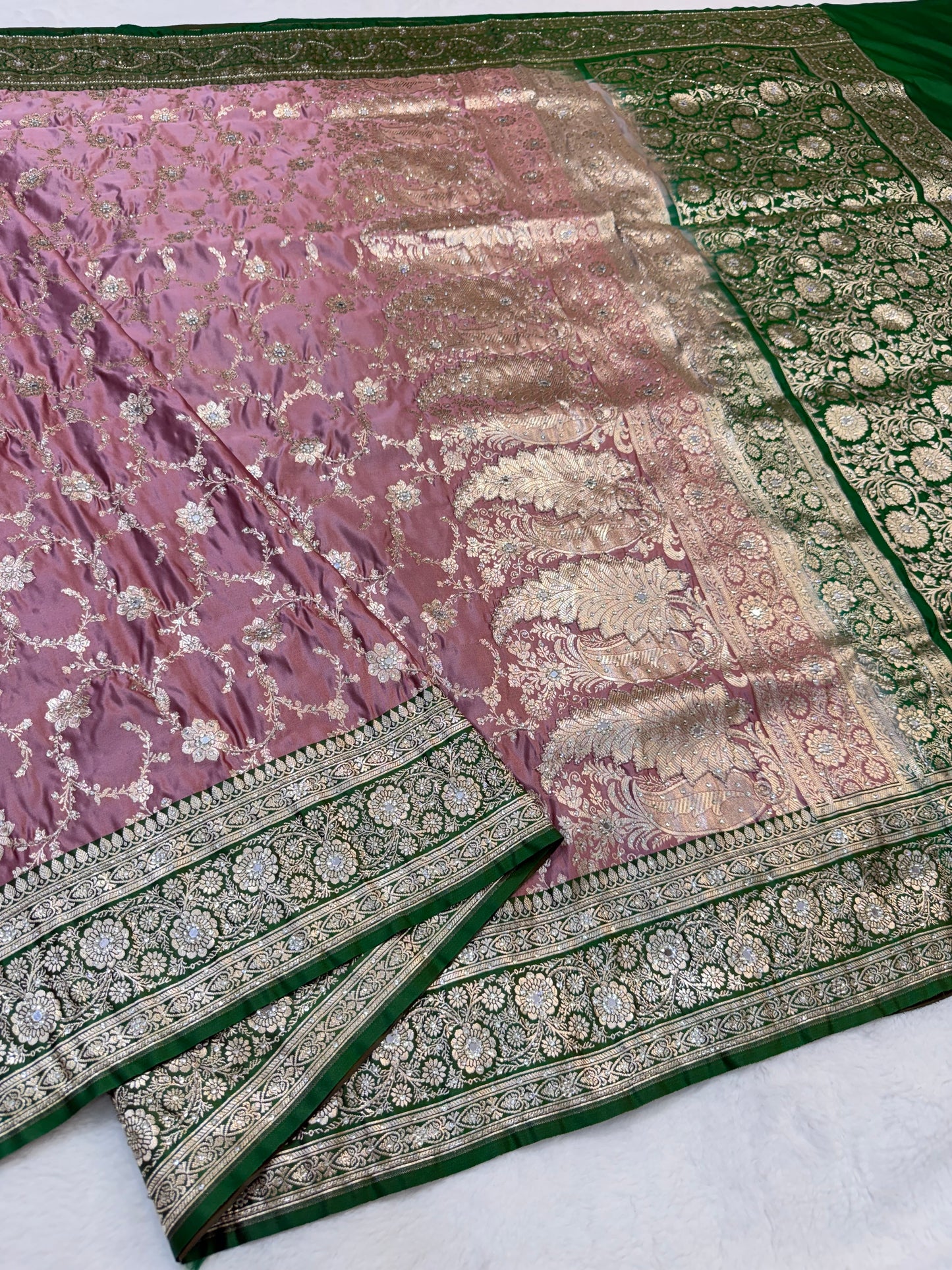 Rose gold shade Bridal Satan katan ari & stone work Banarasi silk Saree