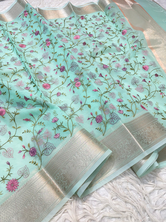 Turquoise shade organza embroidery Banarasi saree