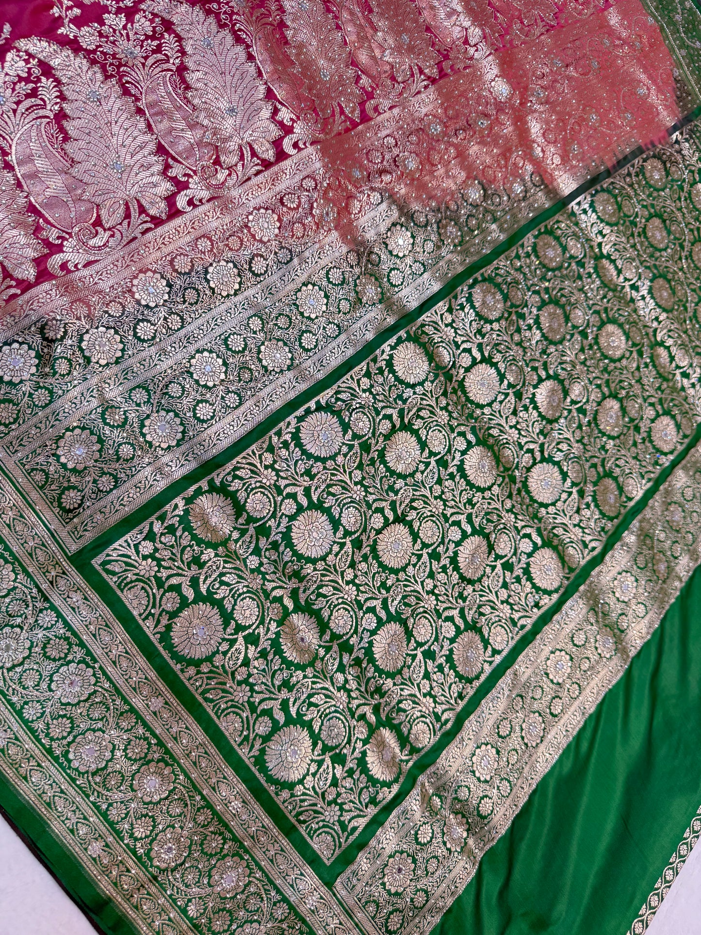 Royal pink & bottle green shade Bridal Satan katan ari & stone work Banarasi silk Saree