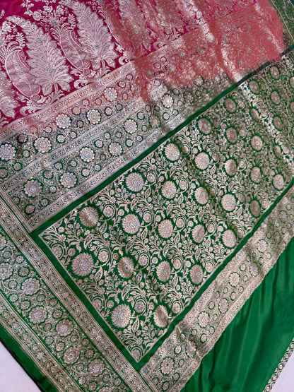 Royal pink & bottle green shade Bridal Satan katan ari & stone work Banarasi silk Saree