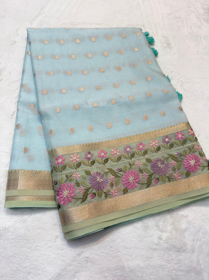 Turquoise shade kota designer embroidery Banarasi saree
