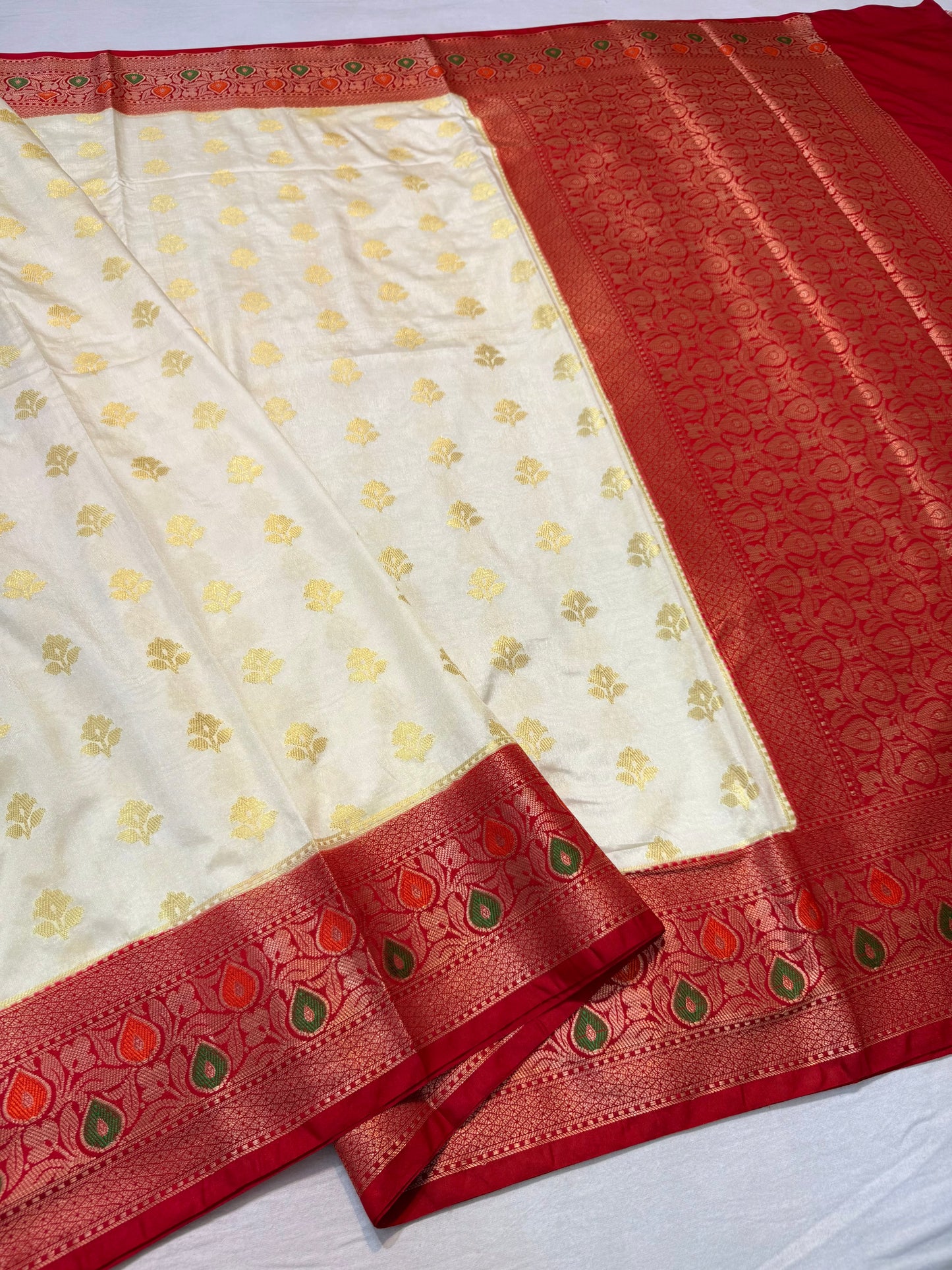 Off white red shade Dupion Silk premium Banarasi Saree