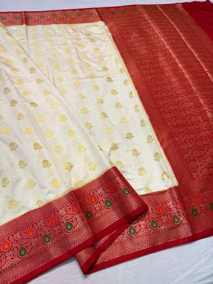 Off white red shade Dupion Silk premium Banarasi Saree