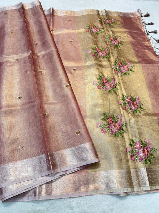 Rose gold shade kota tissue kota designer embroidery handwork premium Banarasi saree