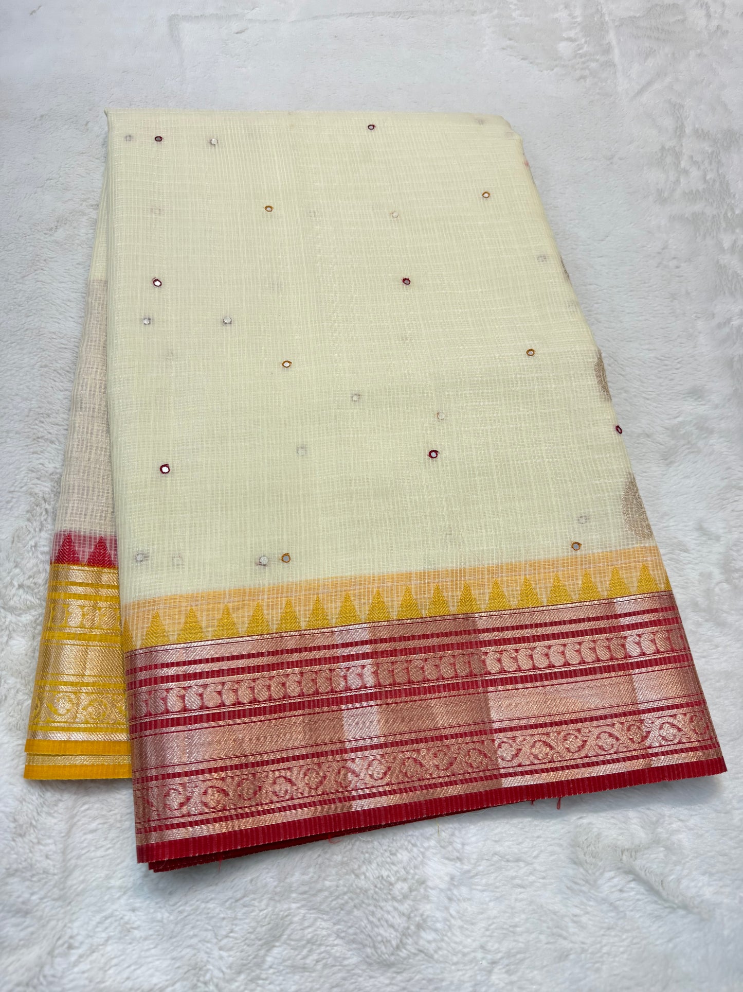 Off white mustard red shade kota mirror work premium Banarasi saree