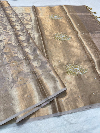 Silver shade tissue kota designer handwork premium Banarasi saree