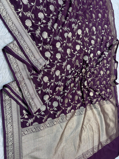 Wine shade khaddi georgatte premium Banarasi saree