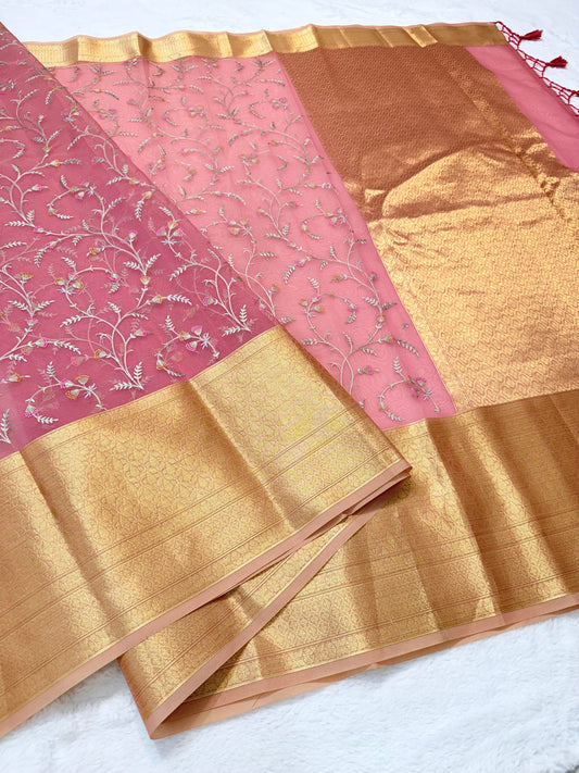 Pink shade organza designer premium embroidery Banarasi saree
