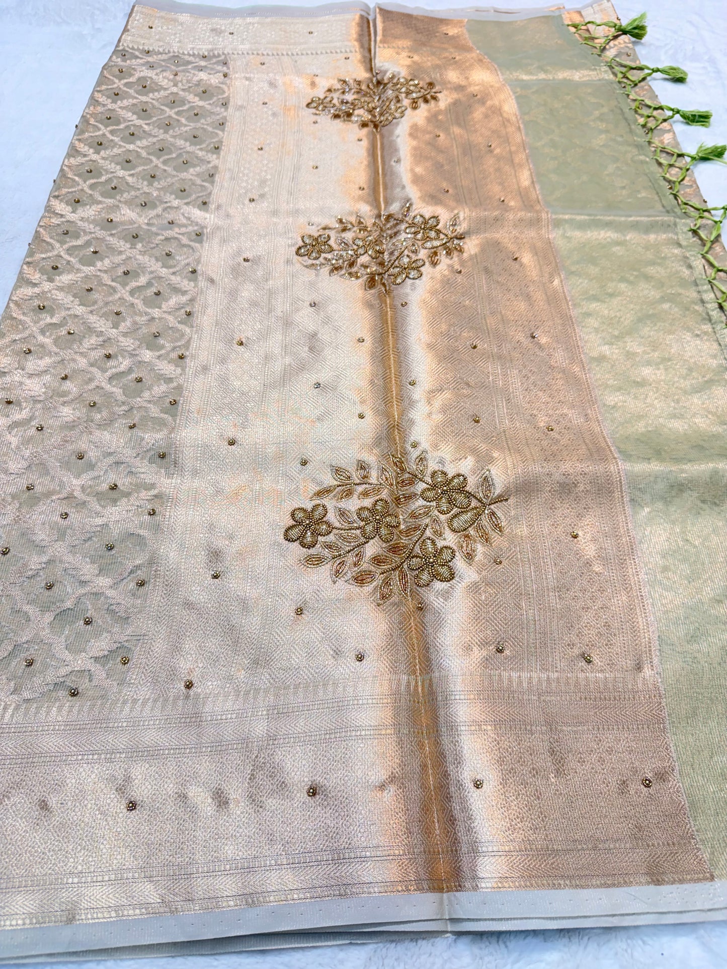 Pista green shade tissue kota designer handwork premium Banarasi saree