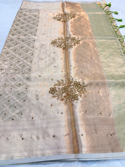 Pista green shade tissue kota designer handwork premium Banarasi saree
