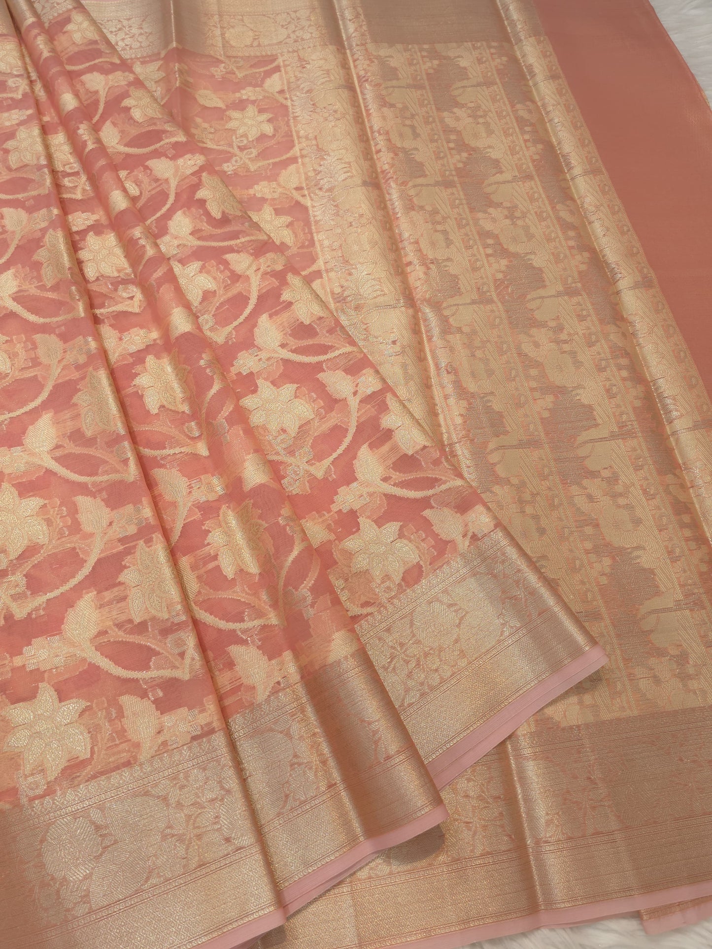 Peach shade kora organza Banarasi saree
