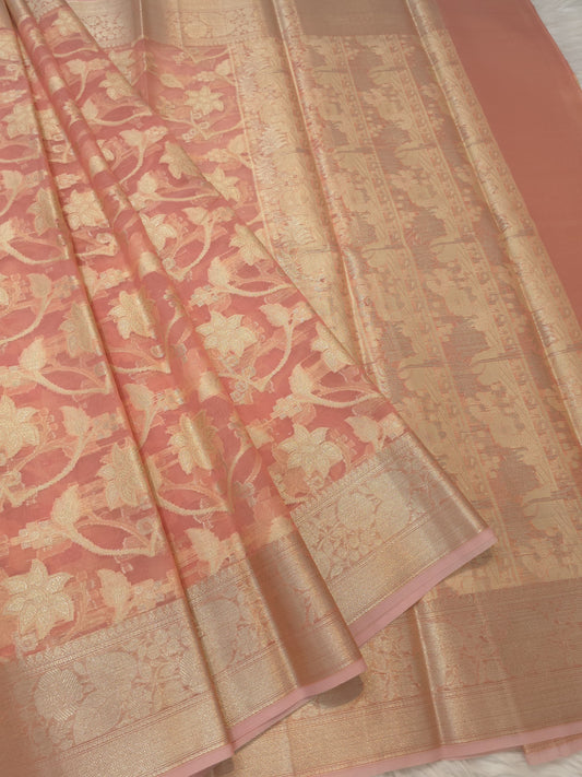 Peach shade kora organza Banarasi saree