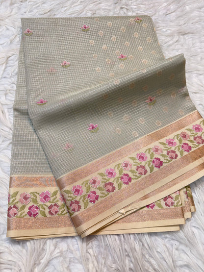 Grey shade kora organza  embroidery Banarasi saree