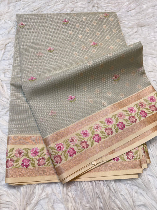 Grey shade kora organza  embroidery Banarasi saree