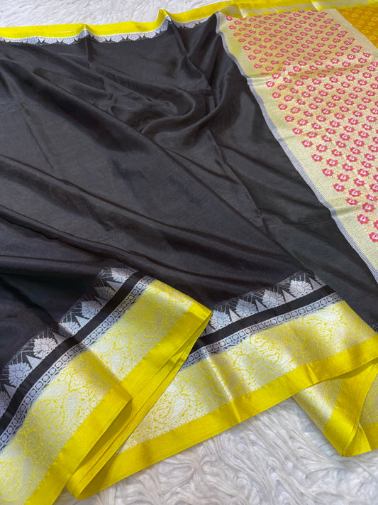 Black yellow shade warm silk premium Banarasi saree