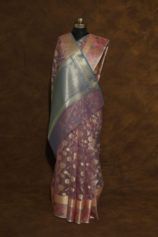 Purple shade kora organza Banarasi saree