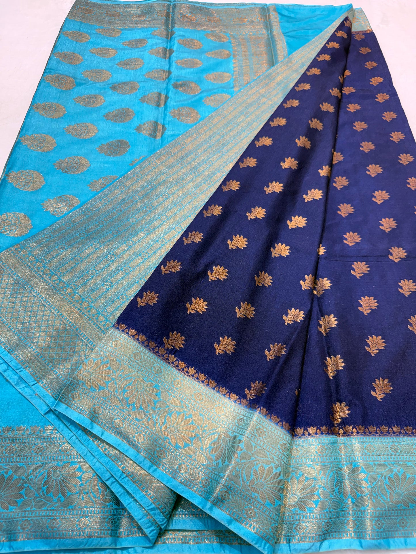 Nevy firozi shade Dupion Silk premium Banarasi Saree
