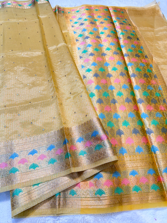 Gold shade tissue kota mirror work premium Banarasi saree