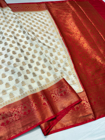 Off white & red shade  Dupion Silk premium Banarasi Saree