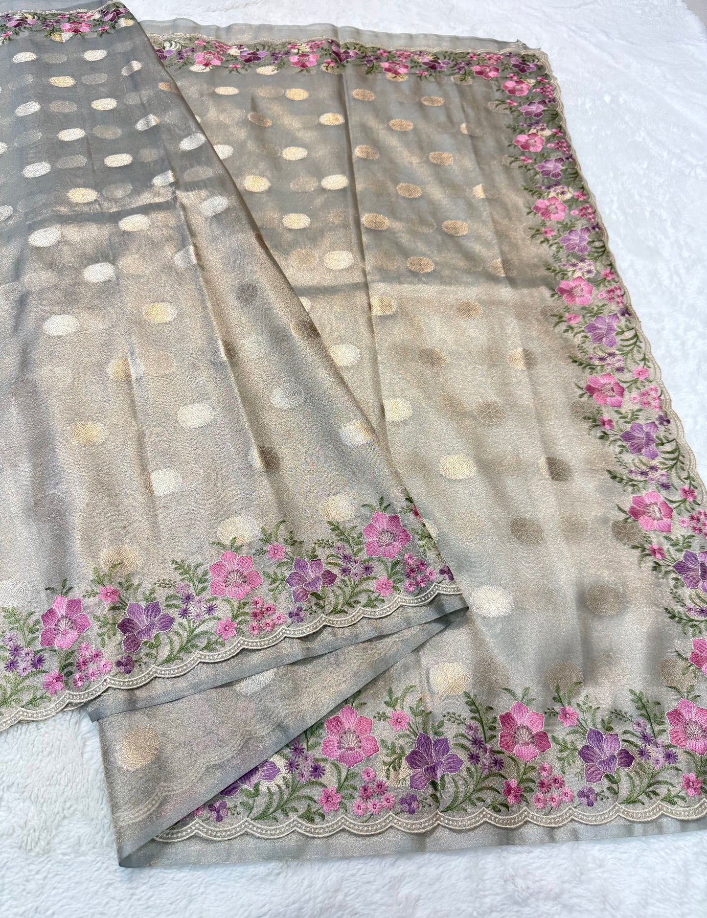 Grey tissue cutwork embroidery premium designer Banarasi saree