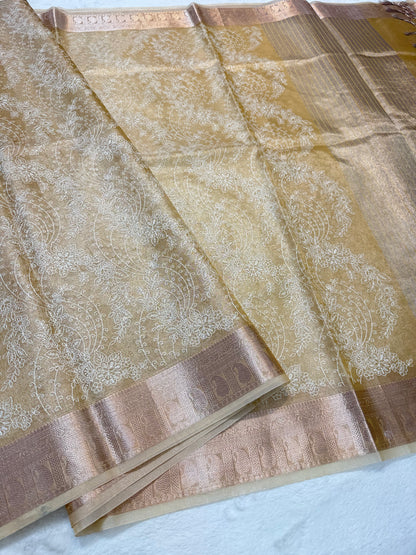 Antique Gold shade tissue kota designer embroidery premium Banarasi saree