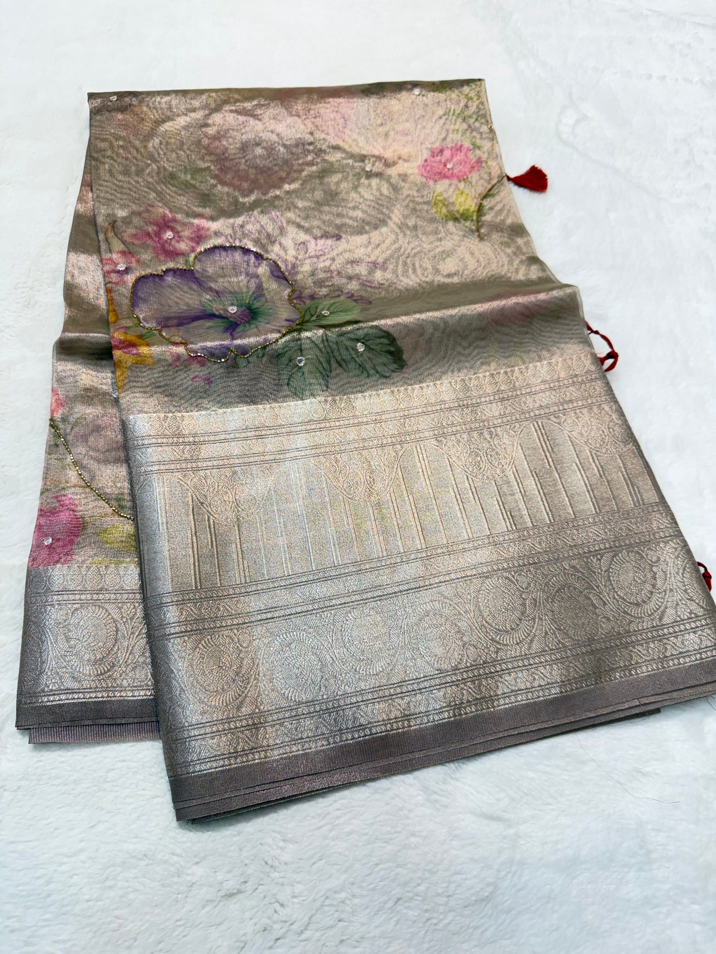 multicolour tissue silk digital print handwork premium Banarasi saree