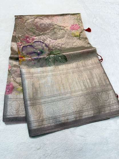 multicolour tissue silk digital print handwork premium Banarasi saree