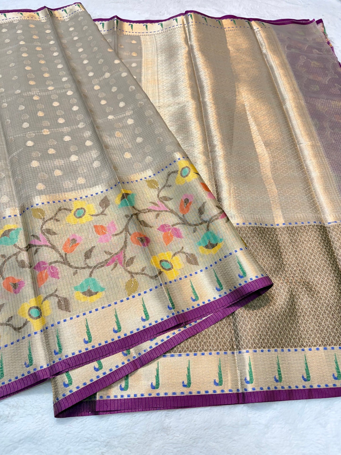 Gray & multicolour shade tissue kota premium paithani border designer banarasi saree
