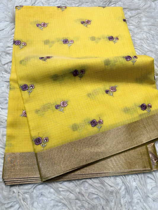 Yellow shade cotton kota embroidery Banarasi saree
