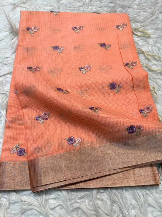 Peach shade cotton kota embroidery Banarasi saree