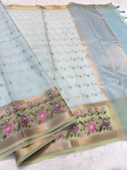 Turquoise shade kota designer embroidery Banarasi saree