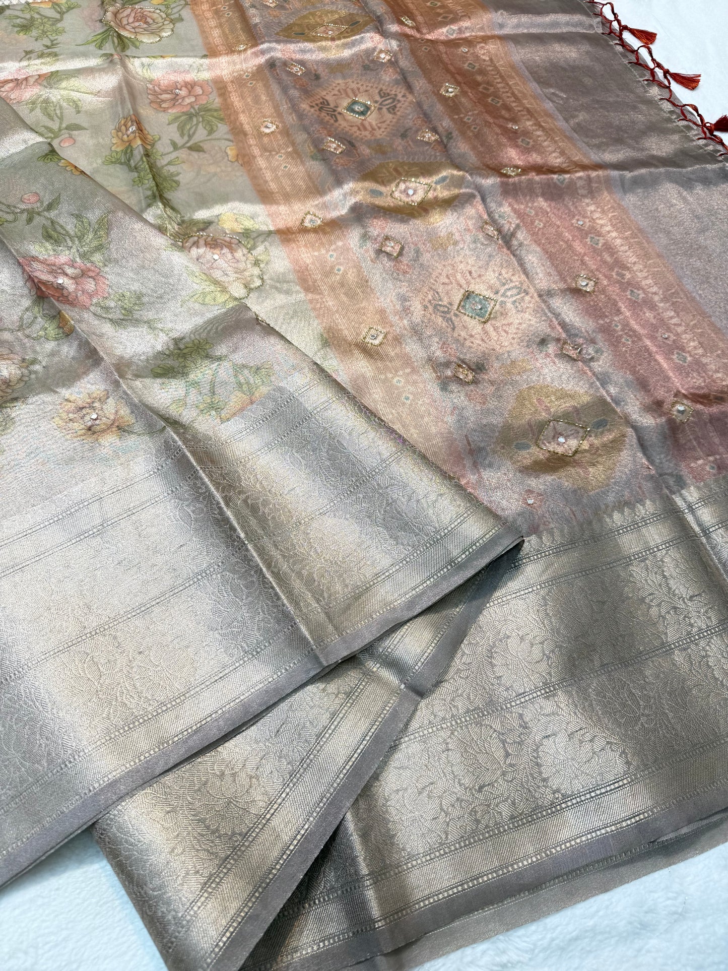multicolour tissue silk digital print handwork premium Banarasi saree