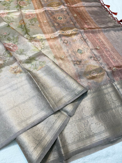 multicolour tissue silk digital print handwork premium Banarasi saree
